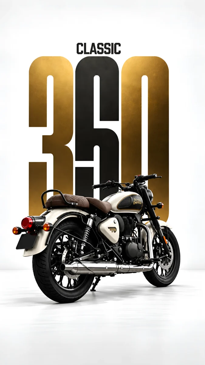 Hd image of an ash white Royal Enfield Classic 350 motorcycle with golden backdrop typography and brown leather seat, perfect for royal enfield classic, bike wallpaper, and bullet 350 classic.