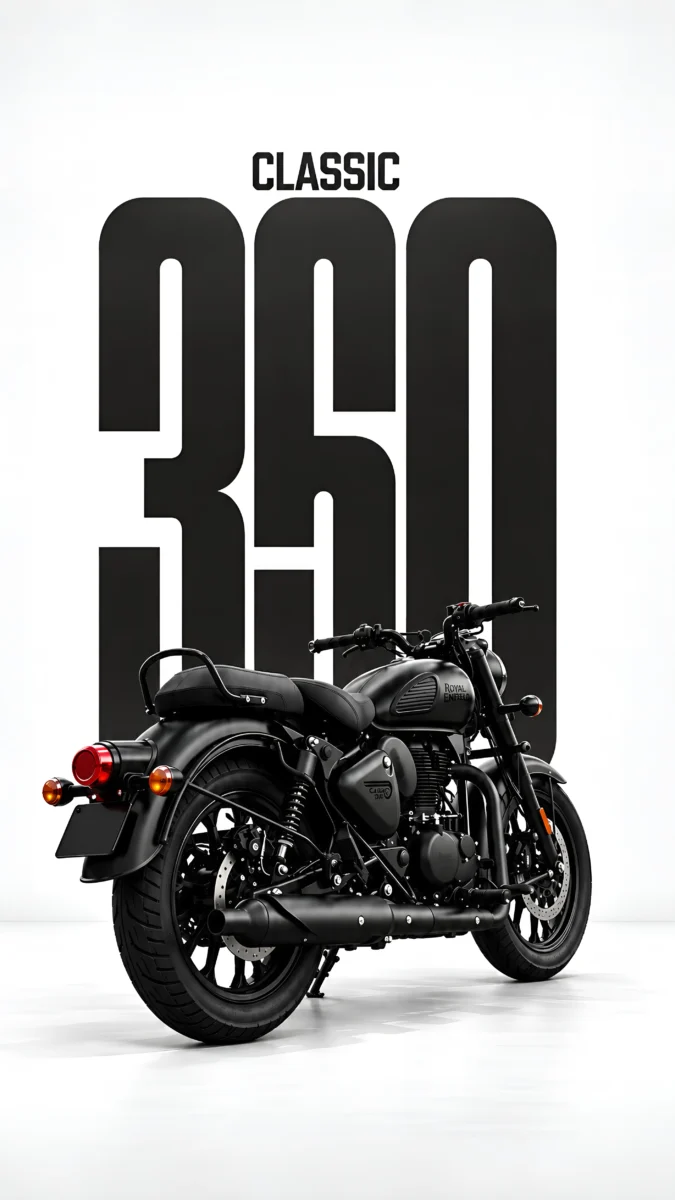 Hd image of a matte black Royal Enfield motorcycle with bold Classic 350 typography on a clean white studio background, perfect for royal enfield classic, bike wallpaper, and bullet 350 classic.