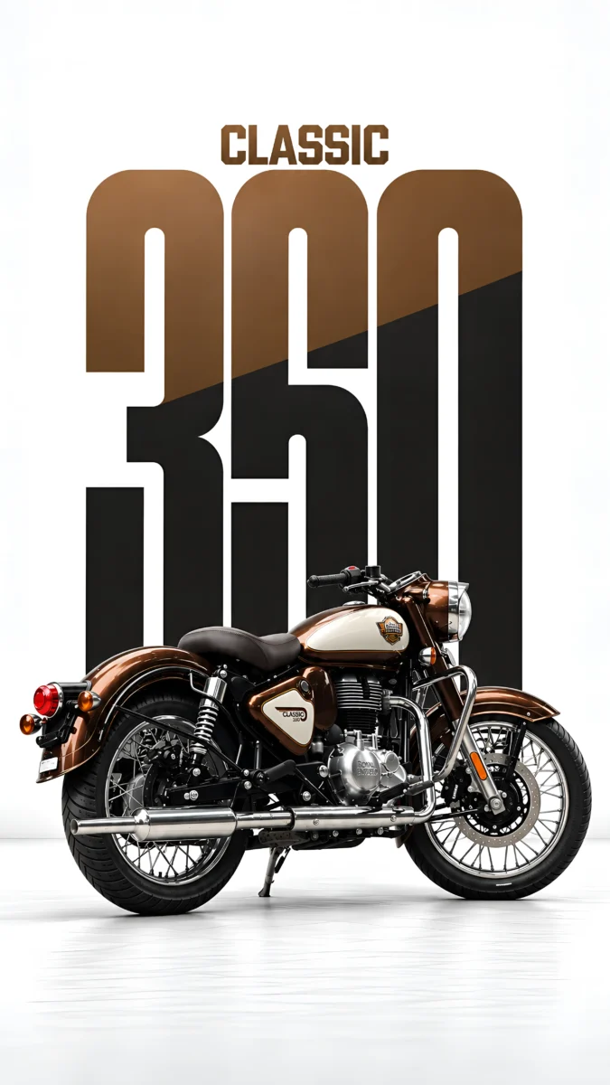 Hd image of a metallic Medallion Bronze Royal Enfield Classic 350 motorcycle with bronze typography on a white studio background, perfect for royal enfield classic, bike wallpaper, and bullet 350 classic.