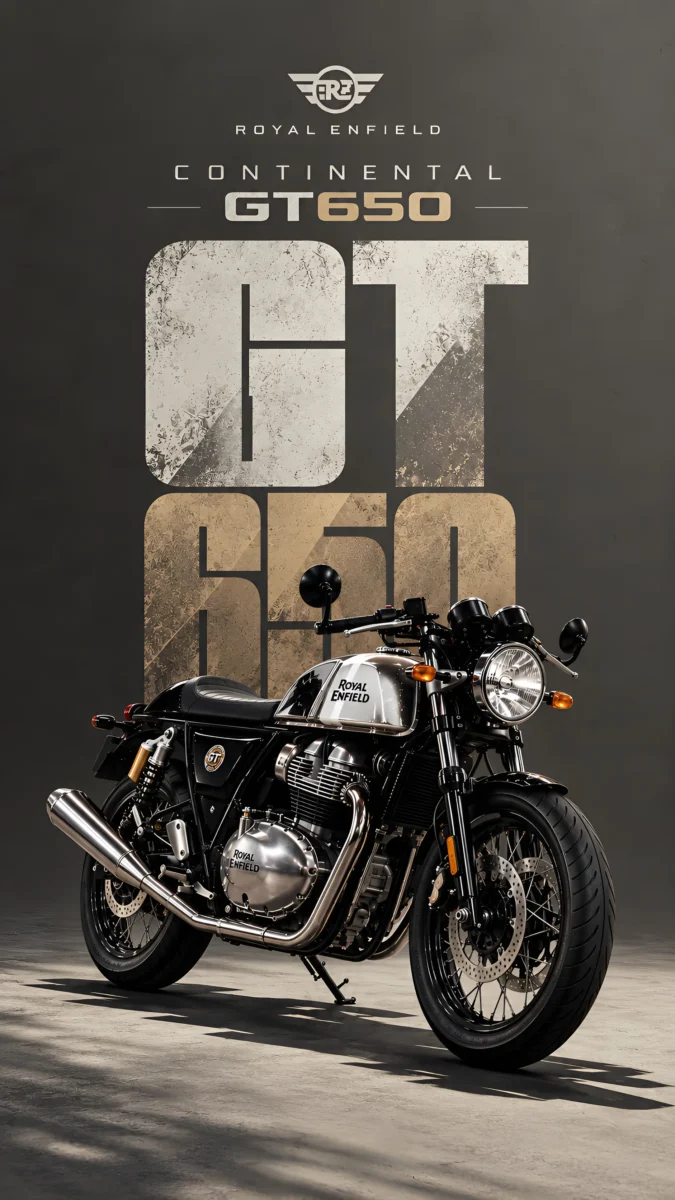 Hd image of silver chrome Royal Enfield Continental GT 650 motorcycle set against a dark metallic typography background, perfect for royal enfield gt 650, gt 650 wallpaper, and bike photos hd.