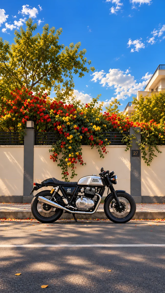 Hd image of silver Royal Enfield Continental GT 650 motorcycle parked on a street with colourful flowering trees in the background, perfect for royal enfield pictures, gt 650 wallpaper, and bike photos hd.
