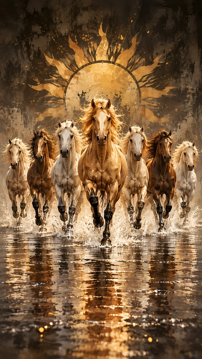 Hd image of seven white horses running through water with a golden sun background in a painting style, perfect for seven horse painting, 7 horse wallpaper, and 7 horse painting.