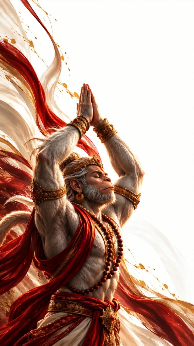 Hd image of Lord Hanuman in a devotional pranam pose with folded hands and flowing red cloth, perfect for hanuman ji photo, hanuman images, and bajrangbali wallpaper.