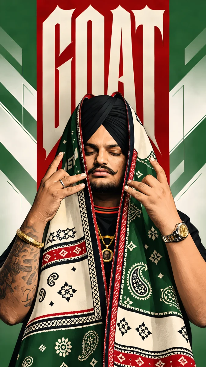 Hd image of Sidhu Moose Wala with eyes closed and a patterned green shawl in a red and cream illustrated poster design, perfect for Sidhu Moose Wala photo, Sidhu Moose Wala wallpaper, and Sidhu Moose Wala photo HD.