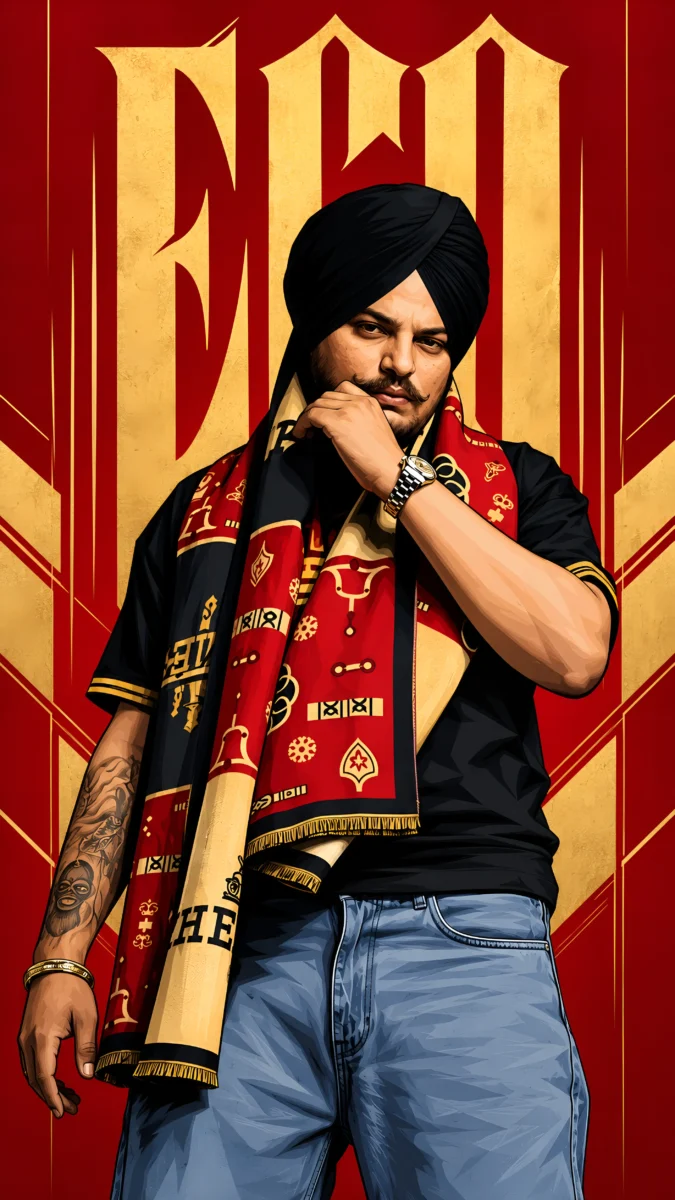 Hd image of Sidhu Moose Wala in an illustrated red and gold poster design, perfect for Sidhu Moose Wala photo, Sidhu Moose Wala wallpaper, and Sidhu Moose Wala photo HD.