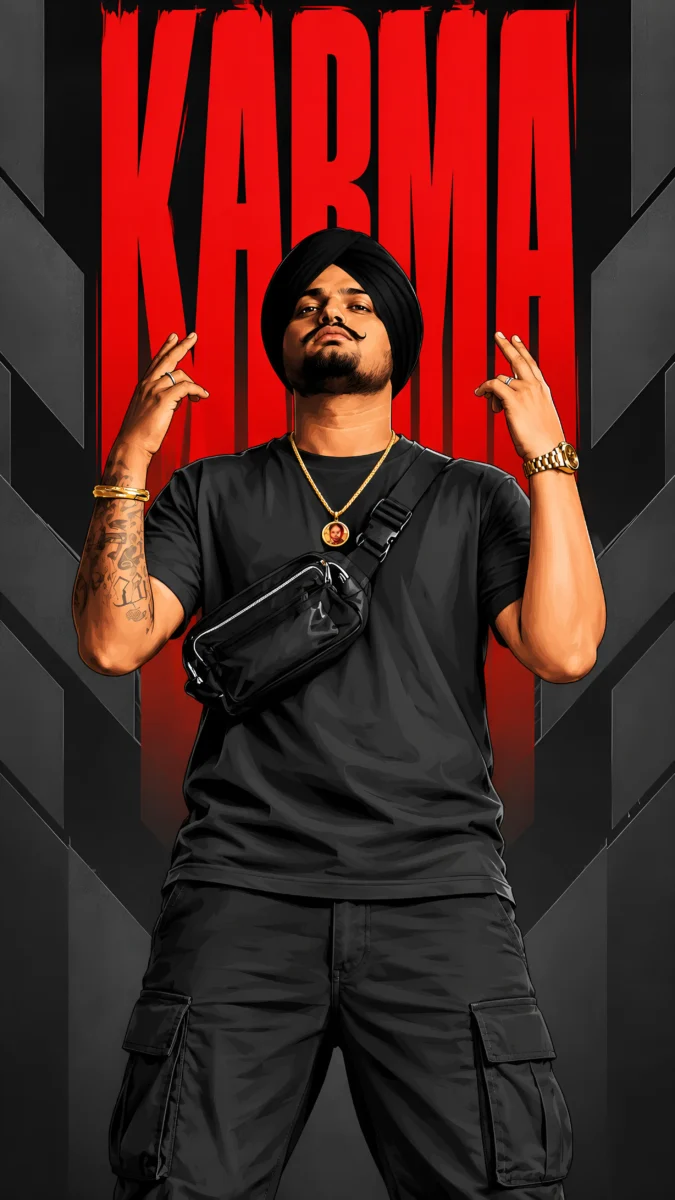 Hd image of Sidhu Moose Wala in a confident pose with both hands raised and bold KARMA typography in a dark red and black illustrated poster design, perfect for Sidhu Moose Wala photo, Sidhu Moose Wala wallpaper, and Sidhu Moose Wala photo HD.