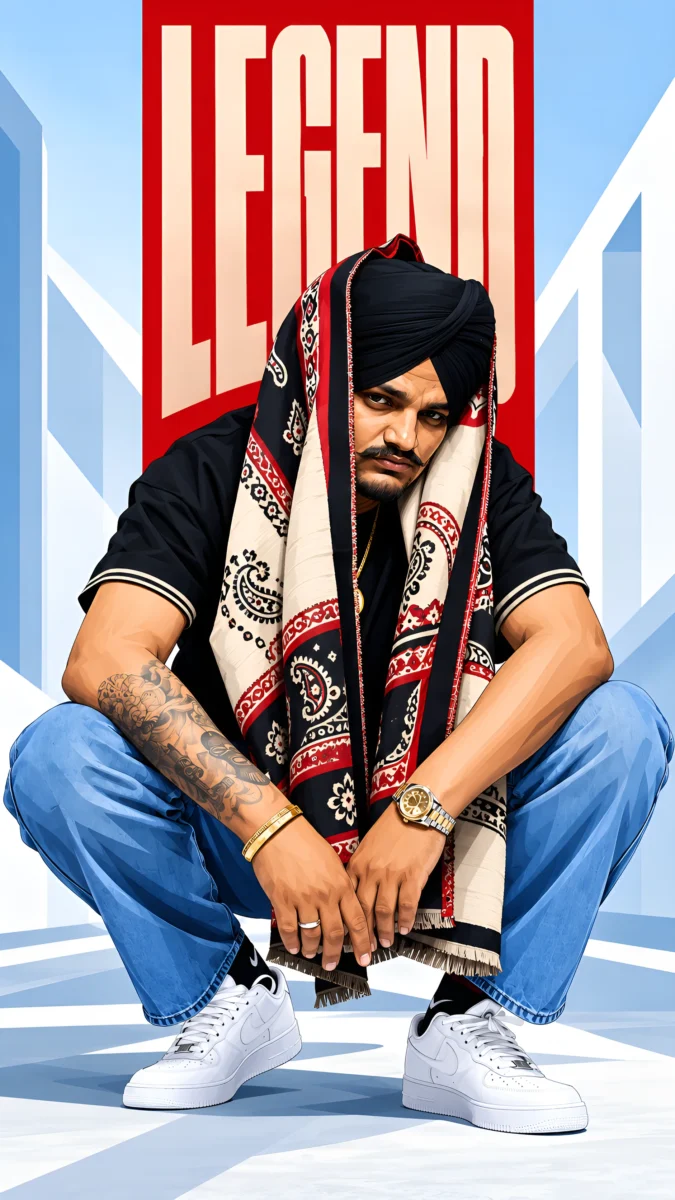 Hd image of Sidhu Moose Wala sitting confidently with a patterned shawl, blue jeans, and white sneakers beneath bold LEGEND typography, perfect for Sidhu Moose Wala photo, Sidhu Moose Wala wallpaper, and Sidhu Moose Wala photo HD.