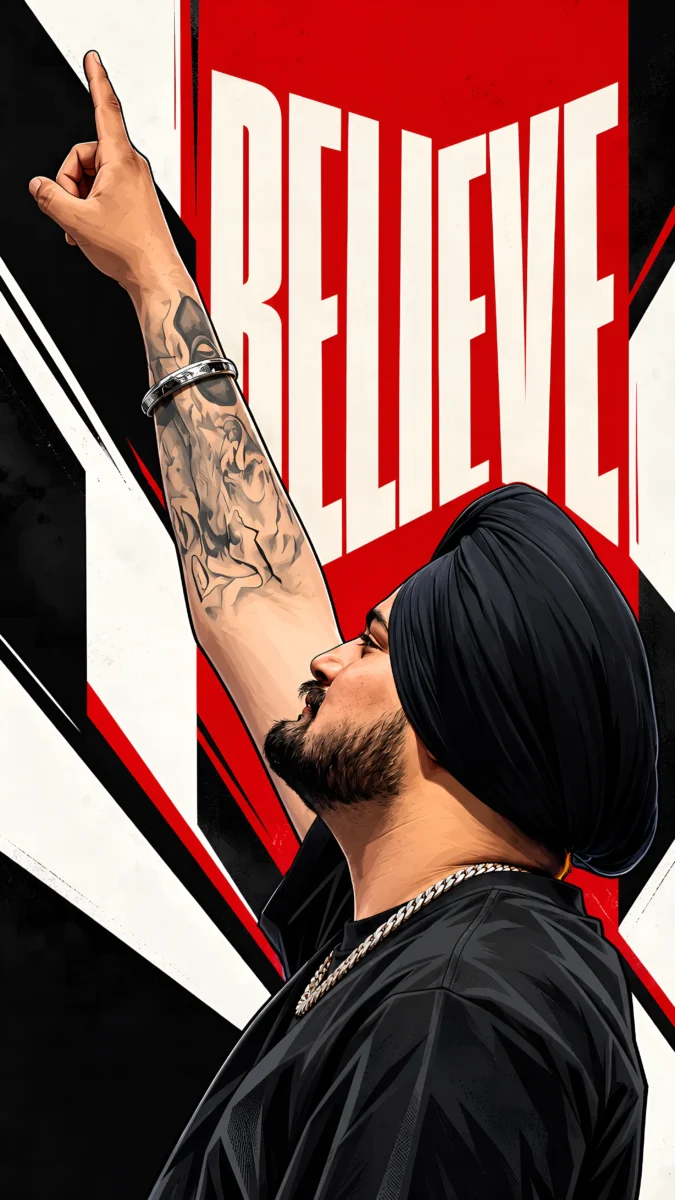 Hd image of Sidhu Moose Wala looking upward with one hand raised and bold Believe typography in a red, black, and white illustrated poster design, perfect for Sidhu Moose Wala photo, Sidhu Moose Wala wallpaper, and Sidhu Moose Wala photo HD.