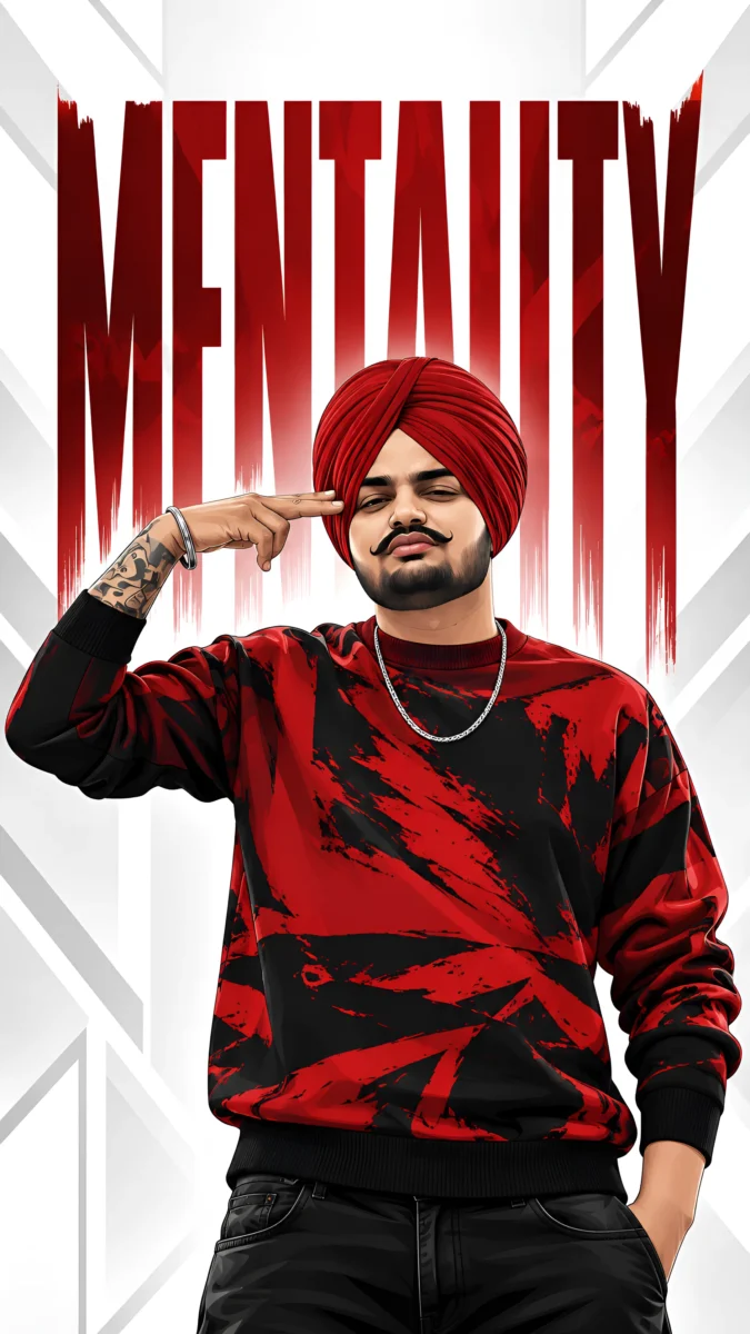 Hd image of Sidhu Moose Wala wearing a red turban and red black sweatshirt, pointing toward his temple with bold MENTALITY typography, perfect for Sidhu Moose Wala photo, Sidhu Moose Wala wallpaper, and Sidhu Moose Wala photo HD.