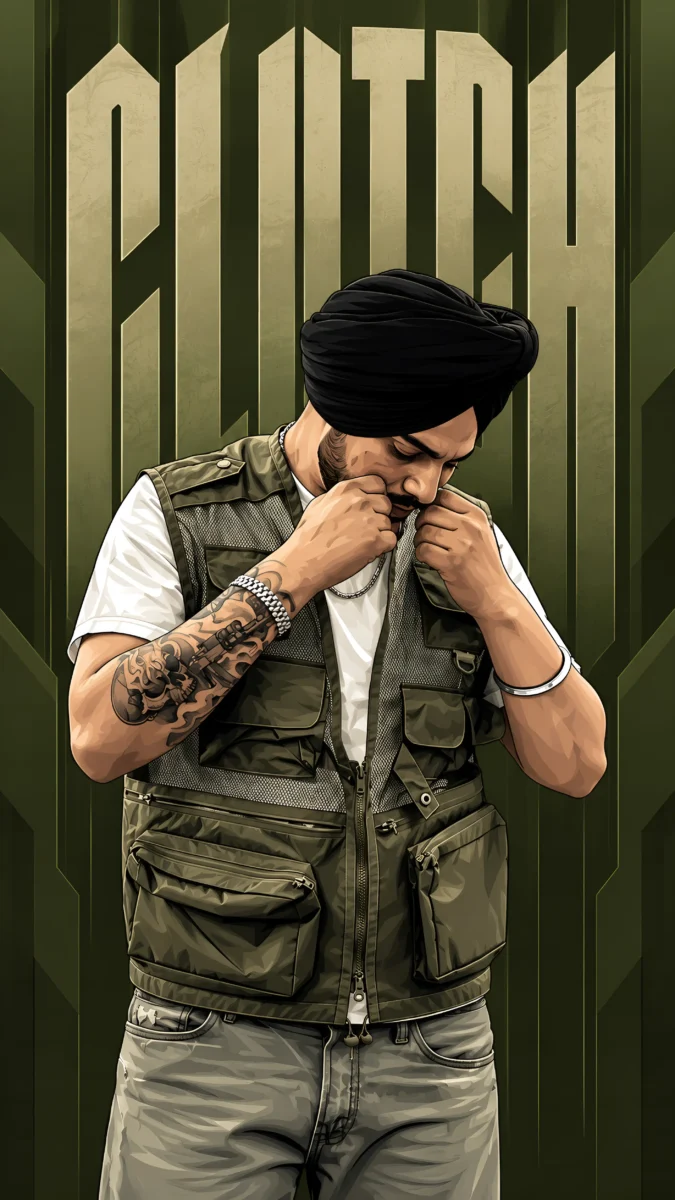 Hd image of Sidhu Moose Wala adjusting his moustache while carrying a black clutch bag, dressed in an olive green outfit with bold clutch text typography, perfect for Sidhu Moose Wala pic, Sidhu Moose Wala wallpaper, and Sidhu Moose Wala image.