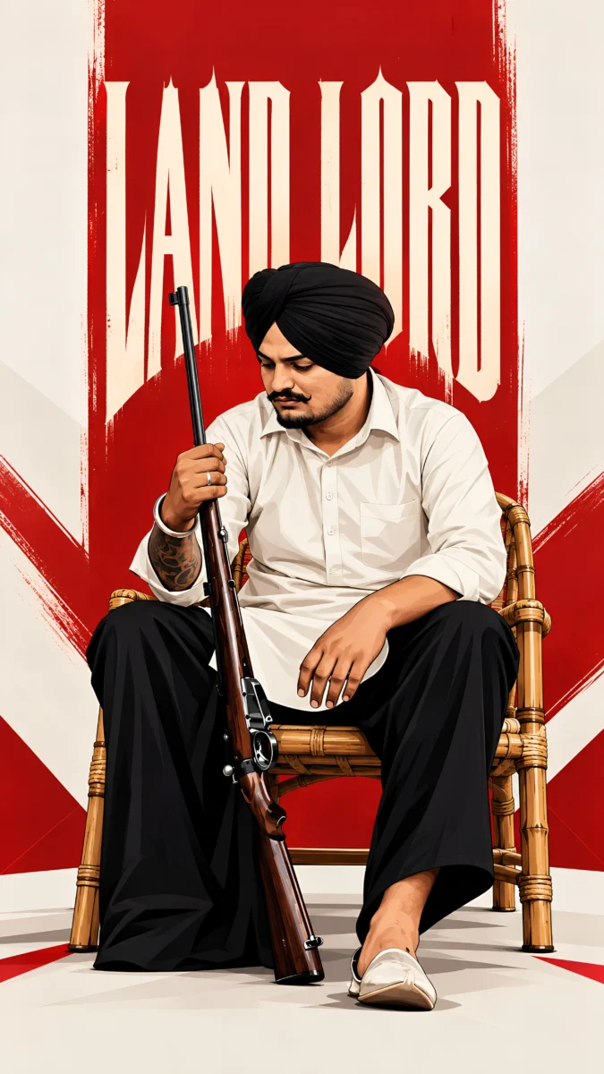 Hd image of Sidhu Moosewala sitting on a traditional chair in a white shirt and black pants, featuring bold Land Lord typography, perfect for Sidhu Moose Wala image, Sidhu Moose Wala wallpaper, and Sidhu Moose Wala photo.